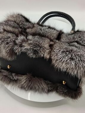NWT Real Fox Fur Handbag. Super soft gray fur. Measures 15.75 x 15.75 in